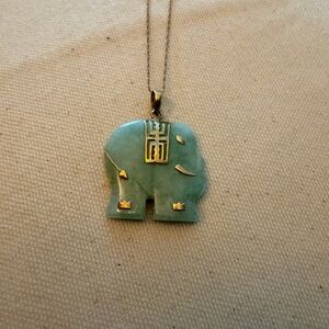 14k Gold & Carved Green Jade Good Fortune Figural Elephant Pendant